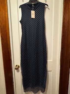 NWT COSMINA Navy Mesh Polka Dot Print Crew Neck Sleeveless Fitted Dress - Large